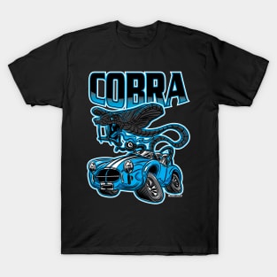 Black Cobra Snake driving a Blue Cobra Race Car T-Shirt